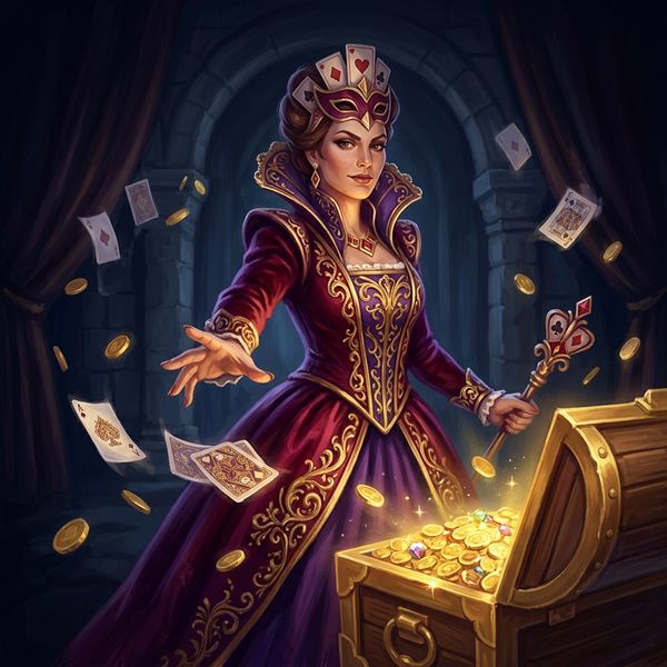 Figure in crimson costume reaching toward glowing treasure chest